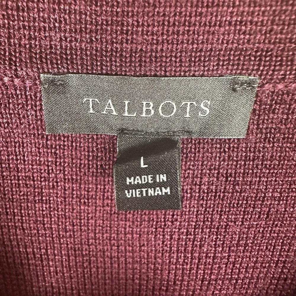 TALBOTS Wool Blend Johnny Collar Polo‎ Pullover Sweater Large Maroon Pink Stripe